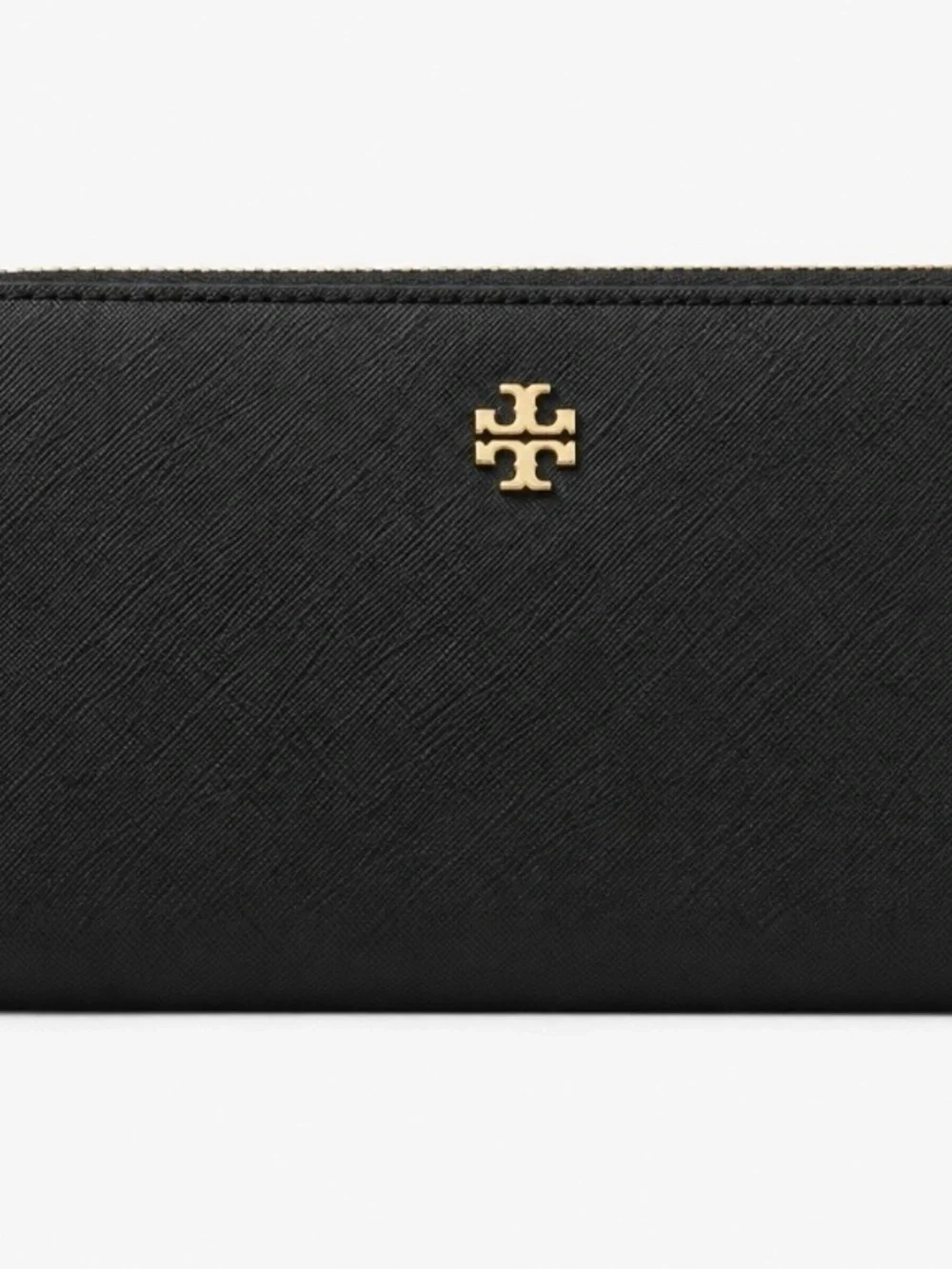 Tory Burch Emerson Continental Zip Around Wallet Black Saffiano Leather Gold